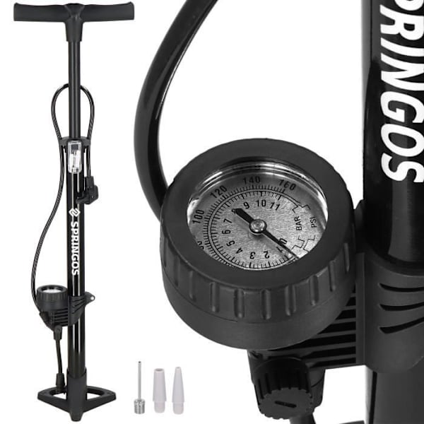 SPRINGOS® cykelhandpump med lufttrycksmätare upp till 11 bar - Dubbelt ventilhuvud