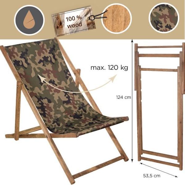SPRINGOS® imprægneret havedækstol Sammenklappelig Beach Wood Loungestol 120 kg - Moro moro