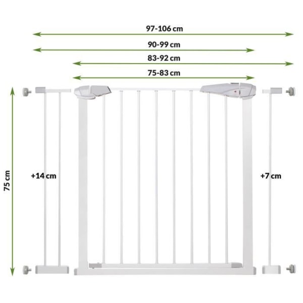 SPRINGOS® vauvan turvaportti - Portaat, ovet 76-92 cm - Metalli + Muovi - Itsesulkeutuva - Valkoinen Vit