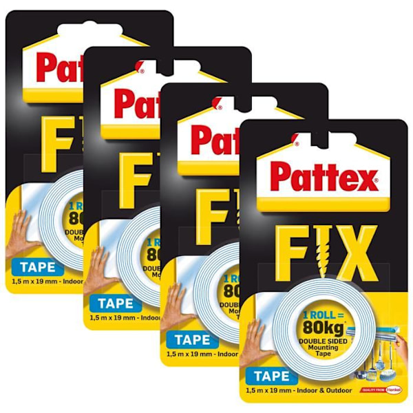 4x Pattex FIX 80 kg dubbelhäftande tejp 1,5 m x 19 mm