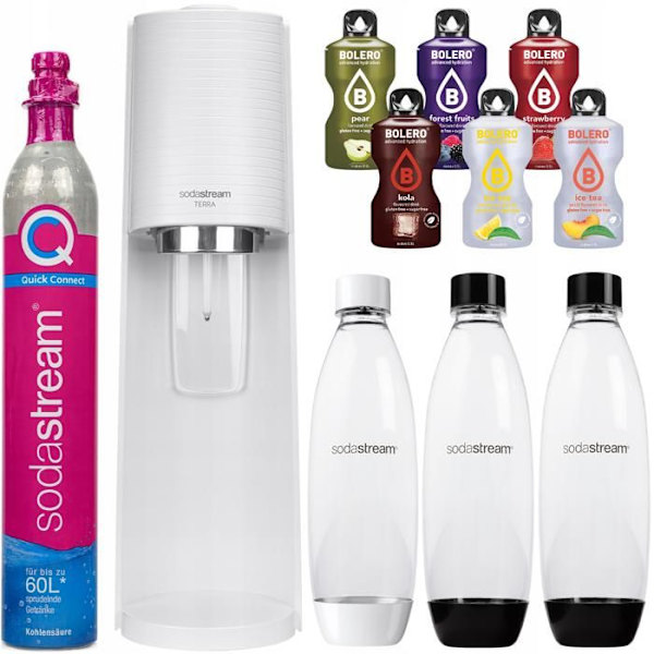 Saturator för kolsyrat vatten - Sodastream - Terra Vit - 3 flaskor 1L - 1 CO2-cylinder - 6 smakpåsar