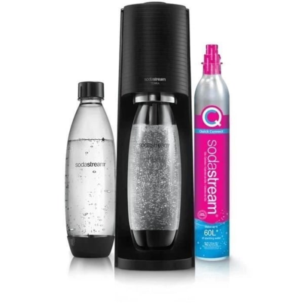 SodaStream TERRA sprudlande vattenmaskin - paket med 2 1L flaskor Kompatibel med diskmaskin + 1 60L Clip-On Gas Refill - Svart