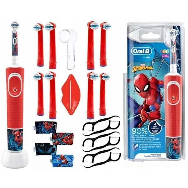 Elektrisk tandborste barn - Oral-B - Kids 100 Spiderman - 8 påfyllningar - med gratis tillbehör