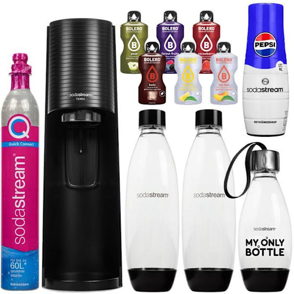 Saturator för kolsyrat vatten - Sodastream - Terra - Svart - 3 flaskor - Pepsi-sirap - Snabbkopplingskapsel Svart