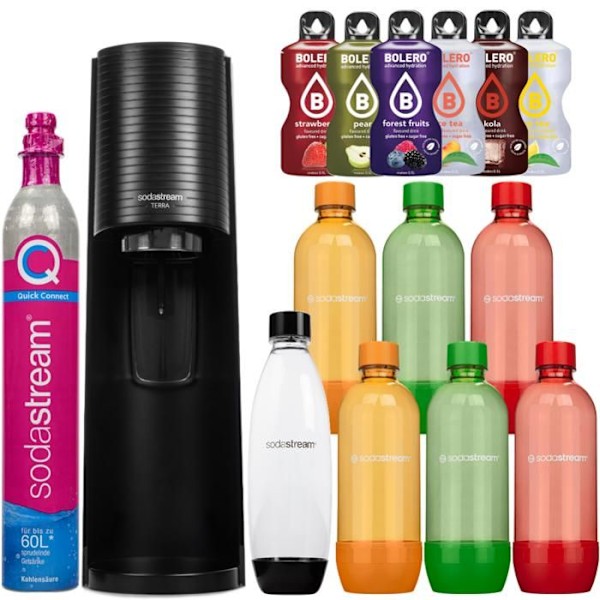 SodaStream Terra Noire Mousserande vattenmaskin - 1 flaska 1L + 2 förpackningar med 3 flaskor 1L Flerfärgade + pulverdrycker