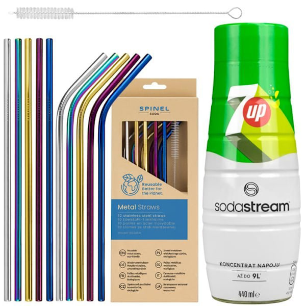 Soda-sirap - Sodastream - 7up 440ml - Med 10 metalliska sugrör Spinel Soda och flaskborste