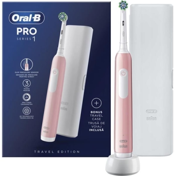 Oral-B Pro 1 rosa tandborste med vitt fodral, 4 precisionsspetsar och gratis presenter