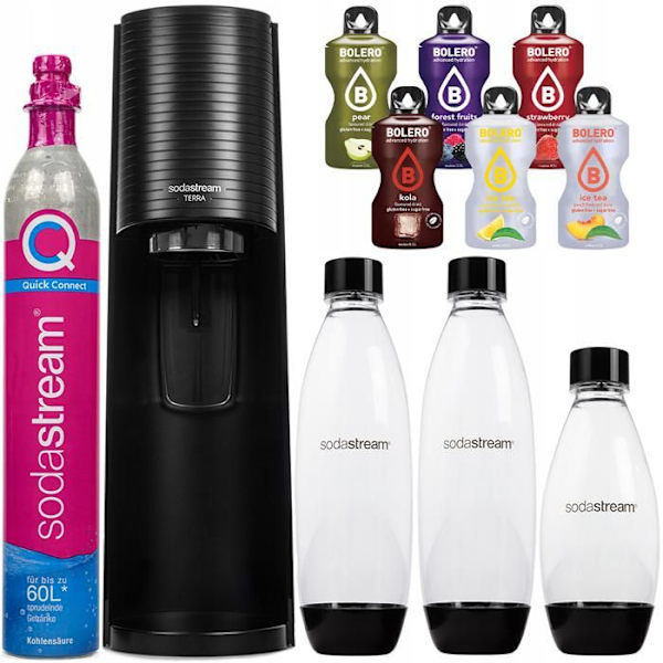 Sodamaskin - Sodastream - Terra Svart - 3 flaskor utan BPA - 6 smaker utan socker - Quick Connect Svart