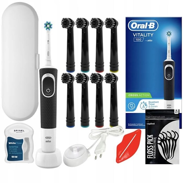 Elektrisk tandborste - Oral B - Vitality Cross Action - 8 munstycken - Resefodral - Inkluderar tandtråd Svart vit
