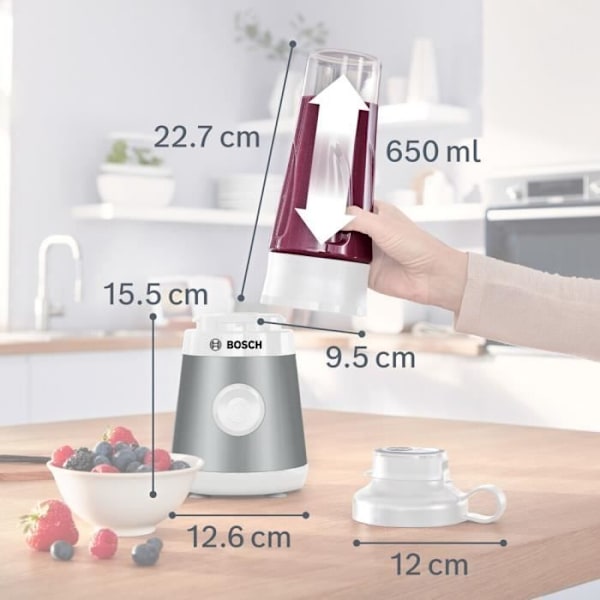 Mini Blender BOSCH VitaPower Serie 2 MMB2111T - 0,8 L mixerskål - 4 vassa rostfria blad - Hög blandningshastighet - Silver vitt och grått