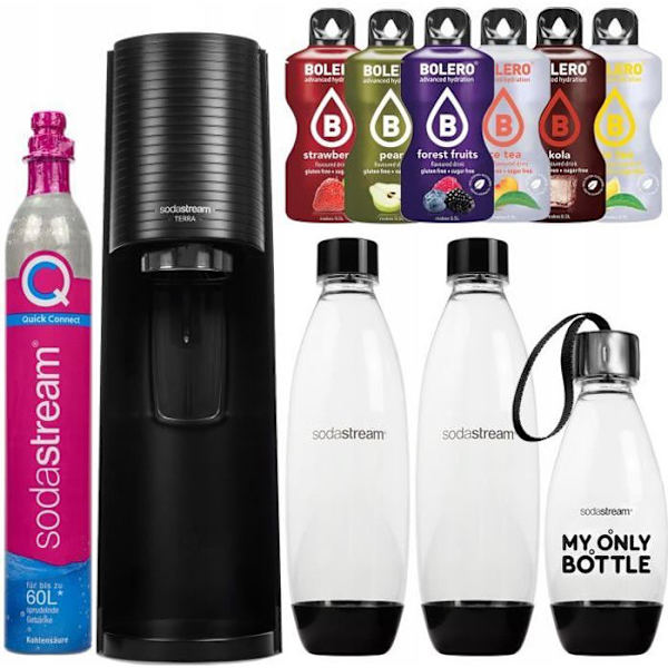 Sodamaskin - Sodastream - Terra - 3 flaskor - Inkluderad påfyllning - Svart - Utan BPA - Elegant design Svart