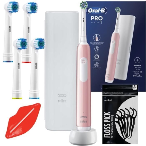 Oral-B Pro 1 rosa tandborste med vitt fodral, 4 precisionsspetsar och gratis presenter.