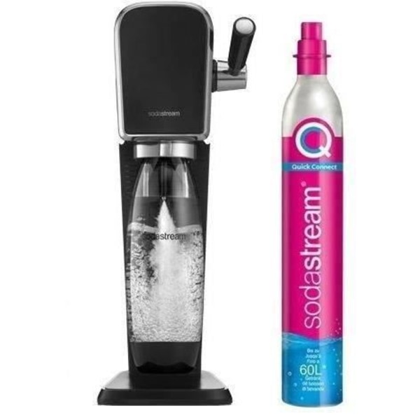 SodaStream ART Mousserande vattenbryggare | Förpackning 1 1L Diskmaskin kompatibel flaska + 1 60L Clip-on Gas Refill - Svart
