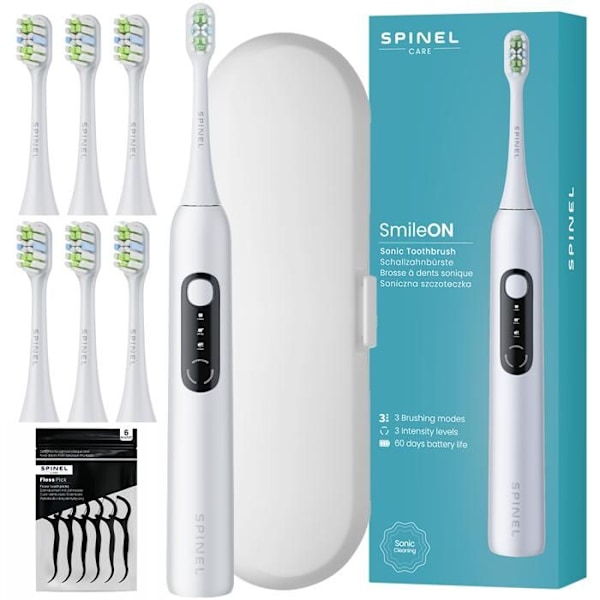 SmileON Spinel Care Elektrisk Tandborste Sonic – 3 Läge, 6 Huvuden, Resväska, USB-C – Vit