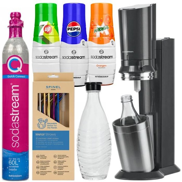 Saturator för kolsyrat vatten - Sodastream - Crystal 3.0 - Glas karaff 0.6L - 3 siraper - 10 metall sugrör Svart