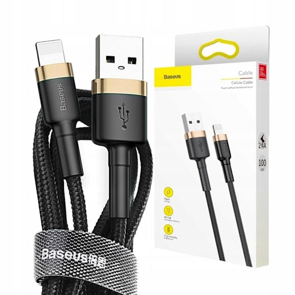 Baseus Cafule flätad 1,5A 1M USB till Lightning-kabel, guld-svart CALKLF-BV1 kompatibel för iPhone 6 7 8 Plus XS XR 11 12 13