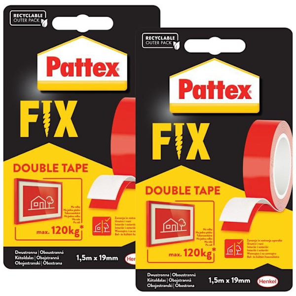2x Pattex FIX 120 kg dubbelhäftande tejp 1,5 m x 19 mm