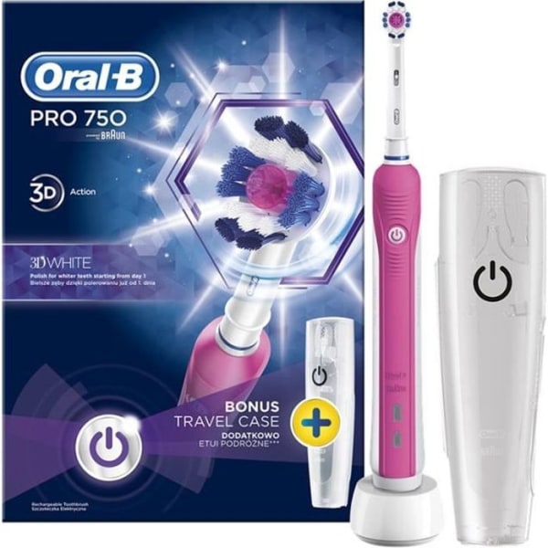 Oral-B Pro 1 750 Uppladdningsbar elektrisk tandborste med trycksensorhandtag, borsthuvud och gratis resväska, rosa