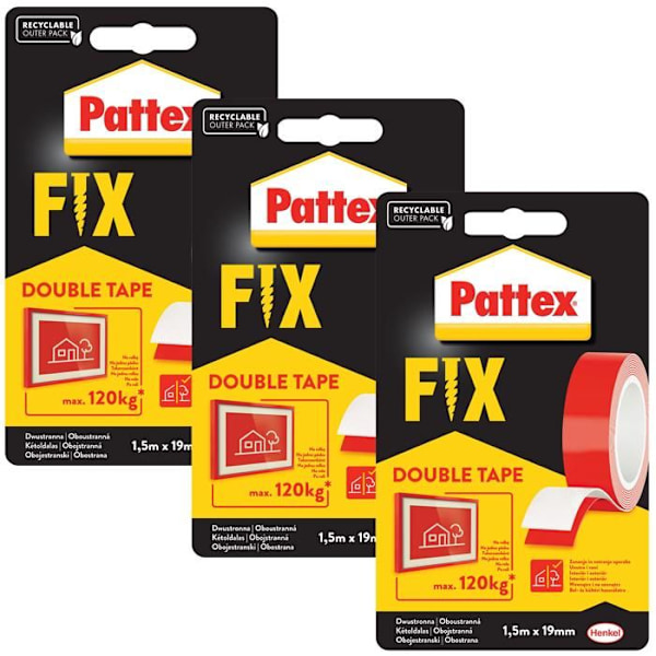 3x Pattex FIX 120 kg dubbelhäftande tejp 1,5 m x 19 mm