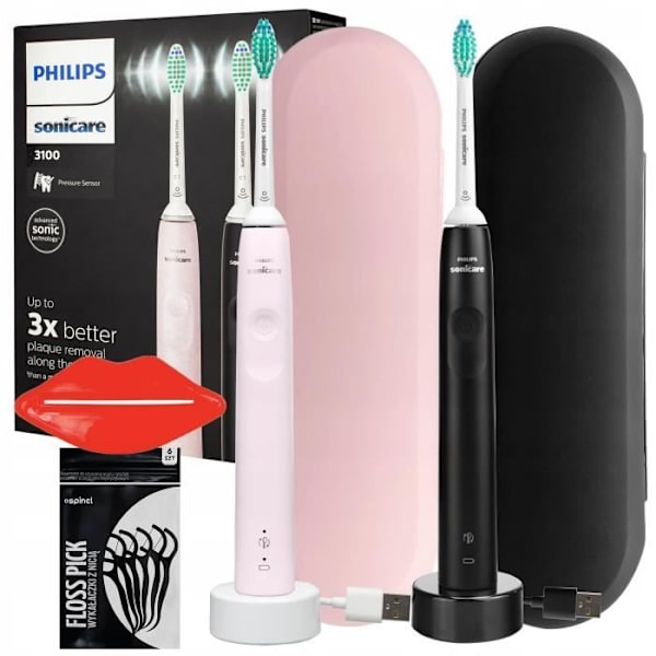 Elektrisk tandborste - Philips - HX3675/15 - Dubbelpaket - Ljusrosa och svart etui - Timer 2 min Rosa pudrad och svart