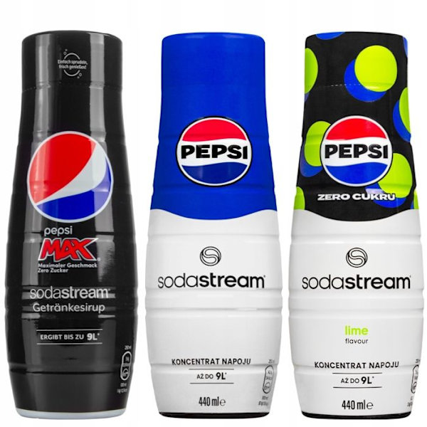 Set med 3 Sodastream siraper för kolsyrat vatten Pepsi, Pepsi Max, Pepsi Max Lime 440ml