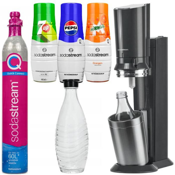 Saturator för kolsyrat vatten - SodaStream - Crystal 3.0 - Glas karaff 0.6L - 3 inkluderade siraper Pepsi Mirinda 7Up Svart