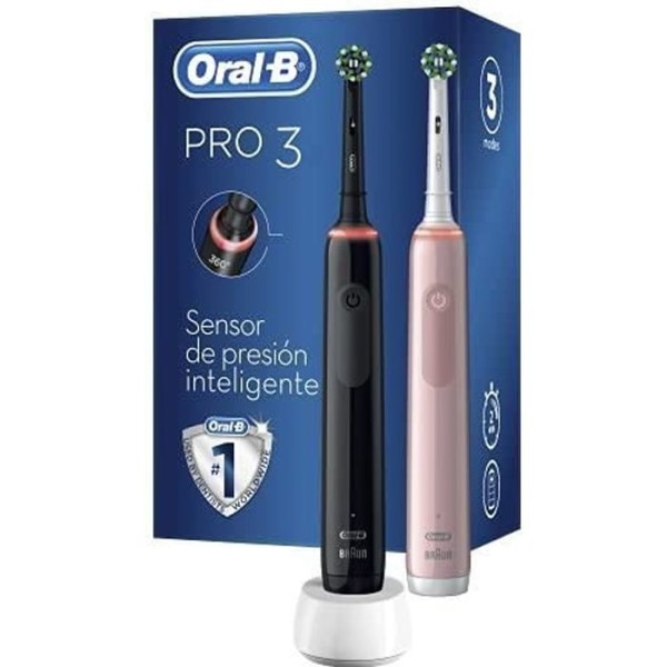 Oral B Pro 3 3900 elektrisk tandborstsats, 2 rosa och svarta uppladdningsbara handtag med brun teknologi, + 2 huvuden