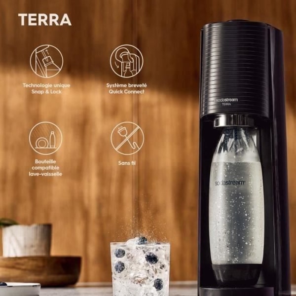 SodaStream TERRA sprudlande vattenmaskin - paket med 2 1L flaskor Kompatibel med diskmaskin + 1 60L Clip-On Gas Refill - Svart