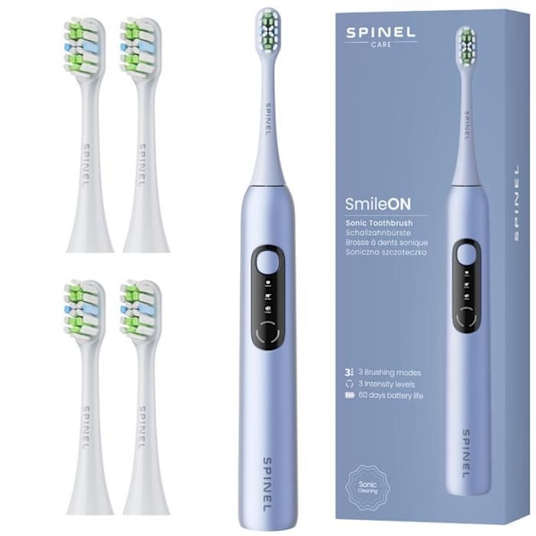 SpinelCare SmileOn Blå tandborste + Spinel Care SmileON Vit tandborsthuvuden 4 stycken