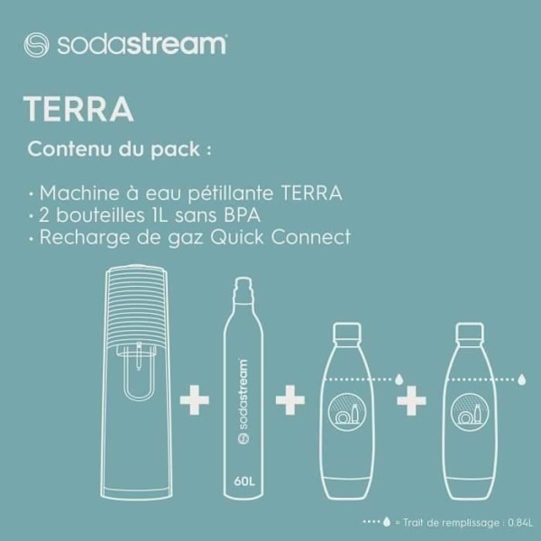 Soda- och kolsyrad vattentillverkare SODASTREAM - TERRA Vit - 2 flaskor som är diskmaskinssäkra - 1 gaspatron 60L Vit