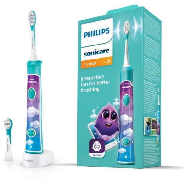 PHILIPS SONICARE HX6322/04 ansluten elektrisk tandborste för barn (2 lägen 3+ och 7+ - Turkosblå) 2 borsthuvuden