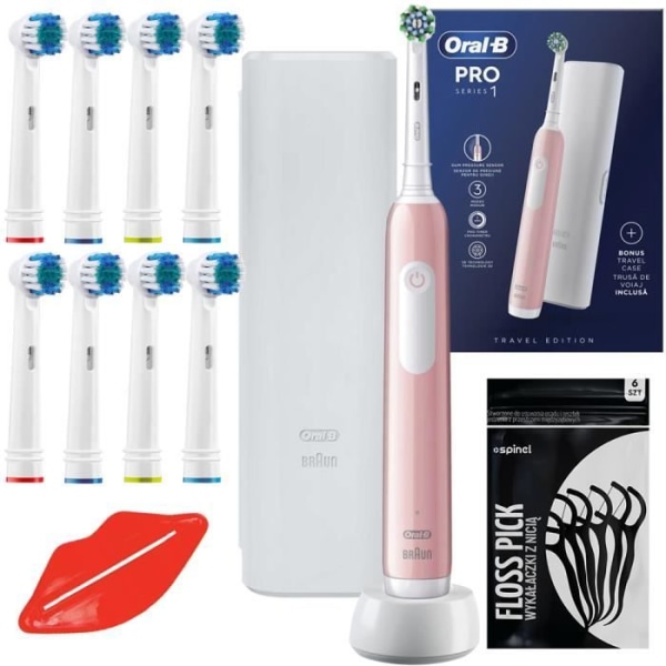 Oral-B Pro 1 rosa tandborste med vitt fodral, 8 precisionsspetsar och gratis presenter.