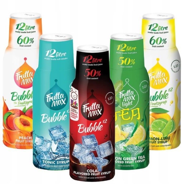 Set med 5 Fruttamax persika, cola, tonic, lime, iste sirap