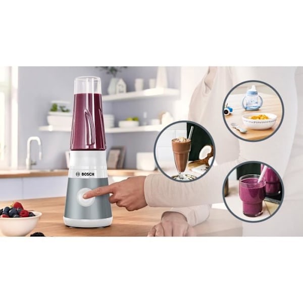 Mini Blender BOSCH VitaPower Serie 2 MMB2111T - 0,8 L mixerskål - 4 vassa rostfria blad - Hög blandningshastighet - Silver vitt och grått