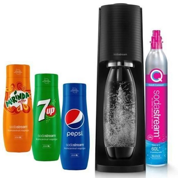 Sodastream Terra Black Water Carbonation Device med 2 flaskor + 3 Sodastream Pepsi Siraps, Mirinda, 7UP