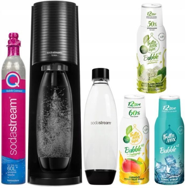 Sodastream Terra Black Set + 1 flaska + 3 set Fruttamax sirap