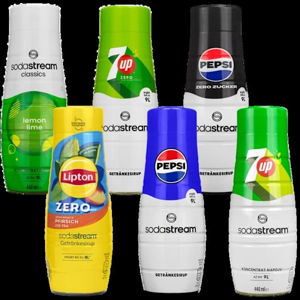 6x SodaStream Sirap Pepsi, Pepsi MAX, 7up, 7UP Zero, Lemon Lime, Lipton Ice Tea Peach 440 ml