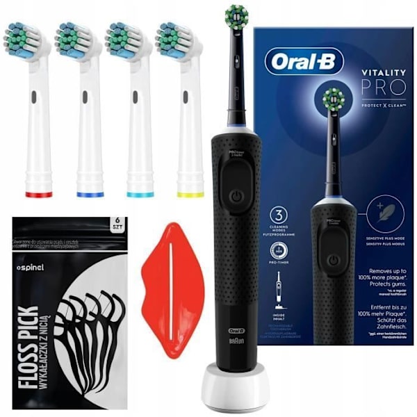 Elektrisk tandborste - Oral-B - Vitality PRO Protect X Clean - Svart - 4 ersättningsspetsar - Timer Svart