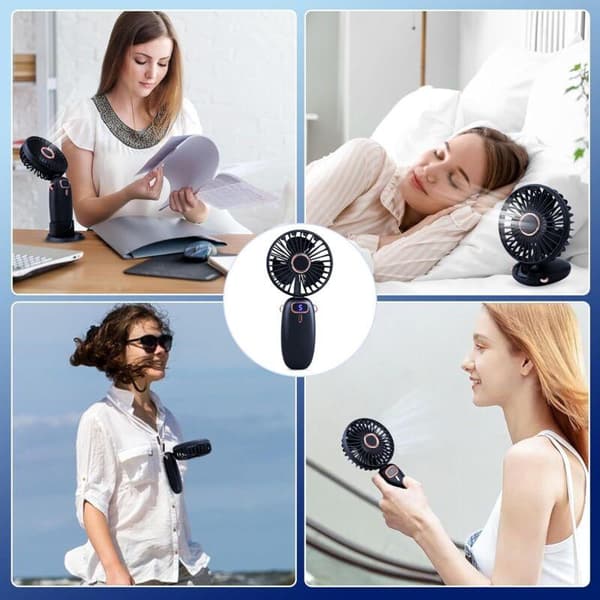 Lille 5-trins lommeventilator med base. Mini bærbar USB-ventilator, støjsvag og kraftfuld (blå).