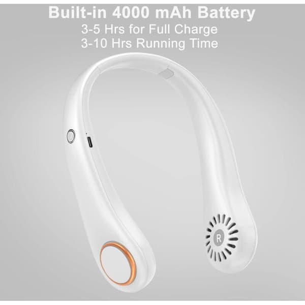 Mini bærbar halsventilator. Stille, bladløs. 360° drejelig. Tre ventilatorhastigheder - hvid.