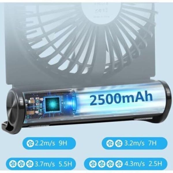 Mini genopladelig ventilator, 4 blæserhastigheder, ultra-stille, justerbar vinkel op til 220°