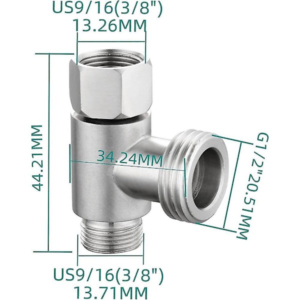 3-vägs 3/8\" och 1/2\" 3-vägs adapter T-koppling rostfritt stål 3/8\" vattenledning T-koppling borstad nickel BLV  (ZYH)