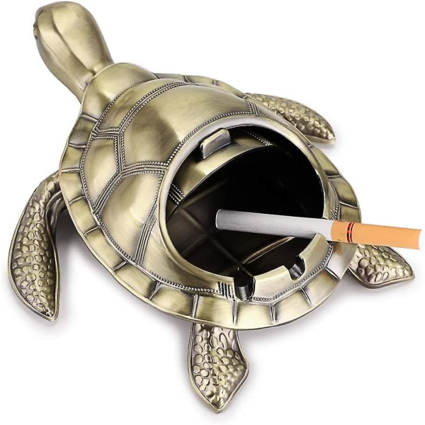 2024 Retro metallsköldpadda askfat med vindtätt lock, inomhus och utomhus (bronsgrön) (ZYH)