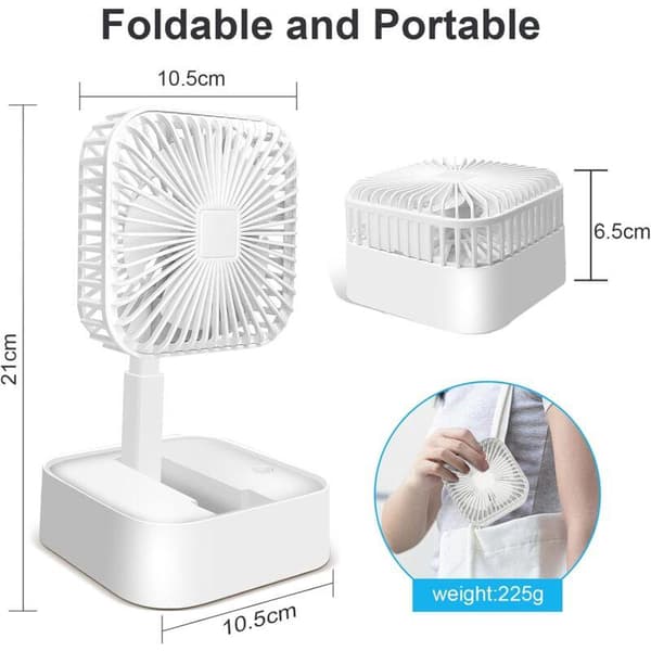 Mini bærbar ventilator. Genopladelig bordventilator. Tre hastigheder. Stille drift - hvid.