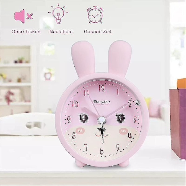 Barnklocka för flickor utan tickande, kanin barnklocka tyst väckarklocka W  (ZYH) pink