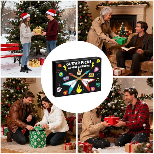 Gitarrplektrum Adventskalender 2026 – 24 Dagar med Celluloid och Träplektrum, Julkalender Perfekt Julklapp för Gitarr, Bas och Ukulele