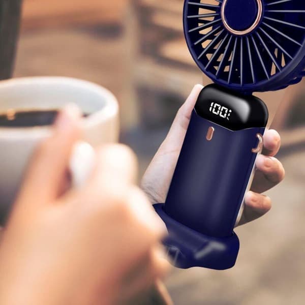 Mini bærbar USB-bordventilator. 5 hastigheder med base. Sammenklappelig. Til udendørs brug (mørkeblå)