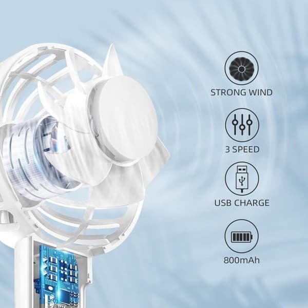 Mini bærbar ventilator. Kompakt og bærbar, tre ventilatorhastigheder, USB genopladelig (blå).
