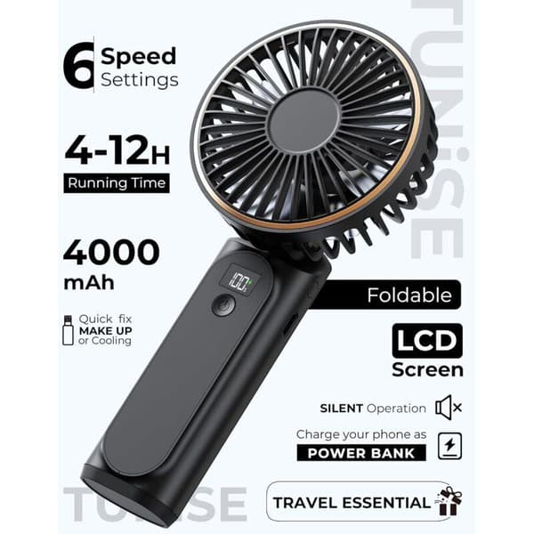 Bærbar ventilator. Genopladelig ventilator. 3600 mAh batteri. 180° justerbar. 6 blæserhastigheder.