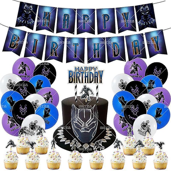 Svart Panther temafestdräkt Grattis på födelsedagen Banner Karaktär Dekorativ flagga Ballong Combo Barnfest Layout Tillbehör  (ZYH)